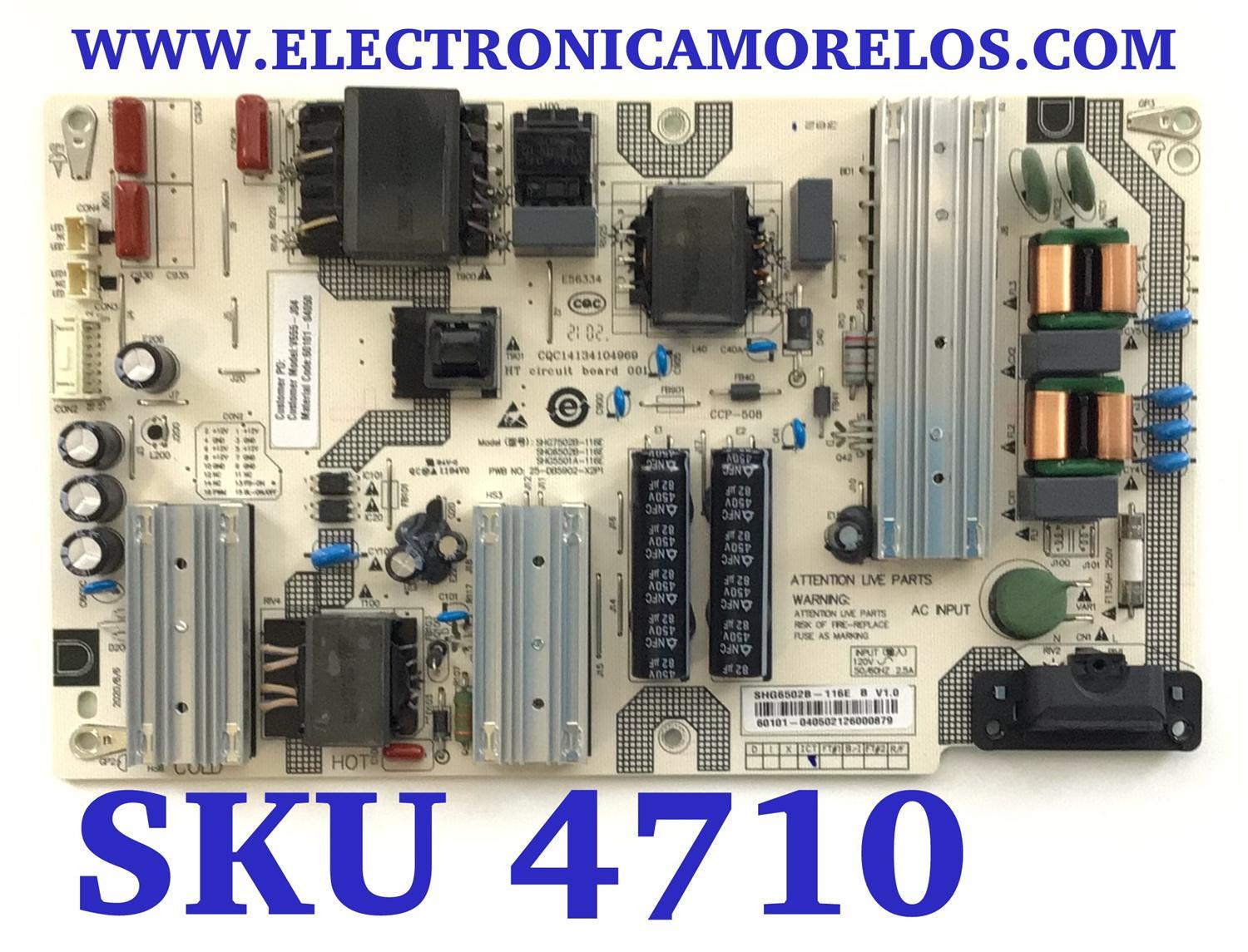 FUENTE PARA TV VIZIO / NUMERO DE PARTE 60101-04050 / SHG6502B-116E / CQC14134104969 / 25-DB5902-X2P1 / DISPLAY HV650QUB-F70 REV.2.0 / MODELO V655-J04 / V655-J04 LBPFE